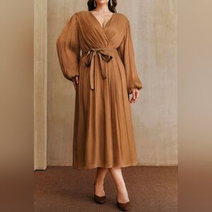 New Metallic Crinkle Wrap Top Belted Midi Dress PLUS Long Sleeve Brown Gold